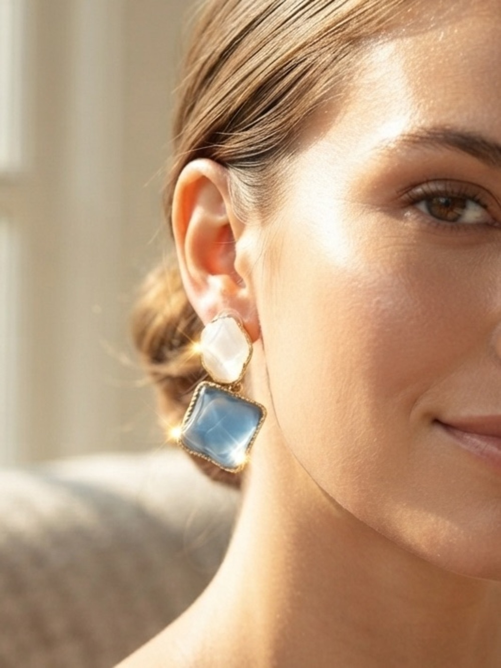 Gold-Trim Blue and White Drop Earrings